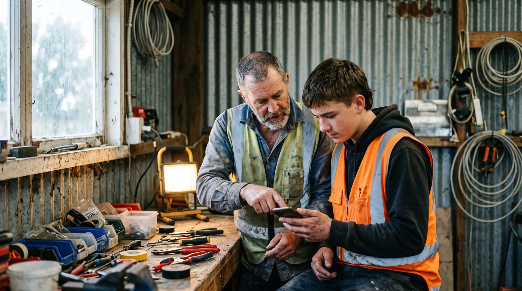 An experienced electrician and a young apprentice looking at a phone together in a workshop